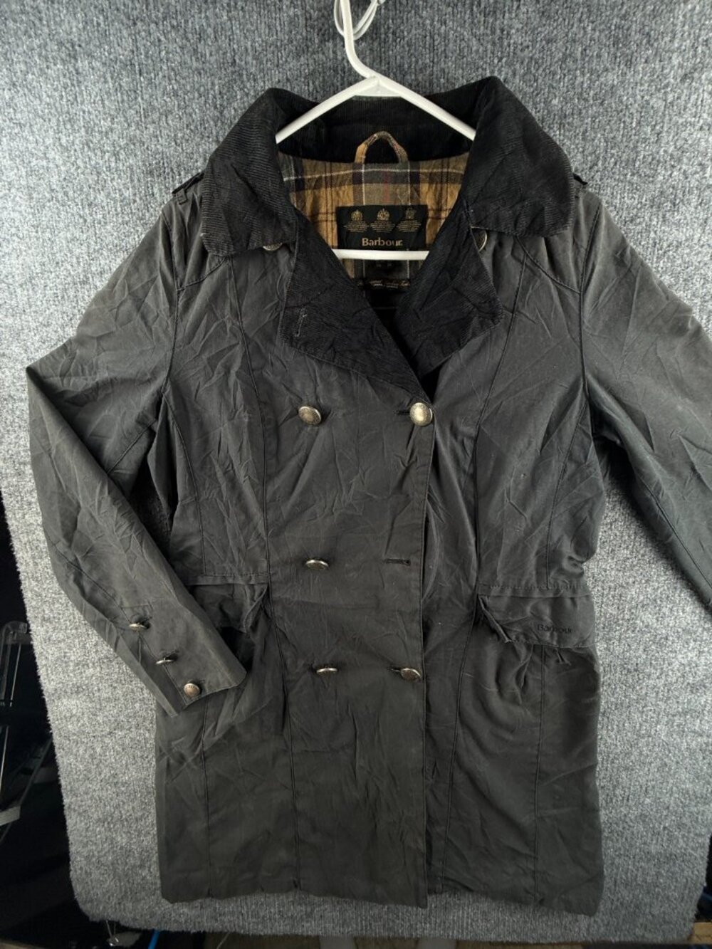 Barbour ADDINGTON Waxed Peacoat Women Blue Size 10 US Button Up Jacket Long